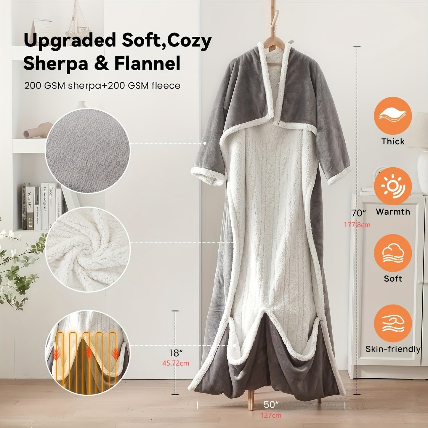Wearable Heated Throw Blanket with Foot Pocket (50×70”)