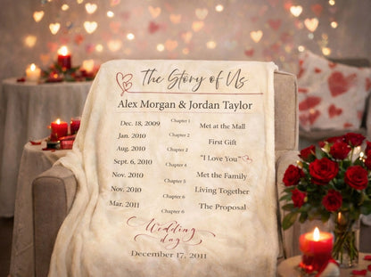 Personalized “The Story of Us” Blanket – Custom Couple Timeline Gift (50” x 60”)