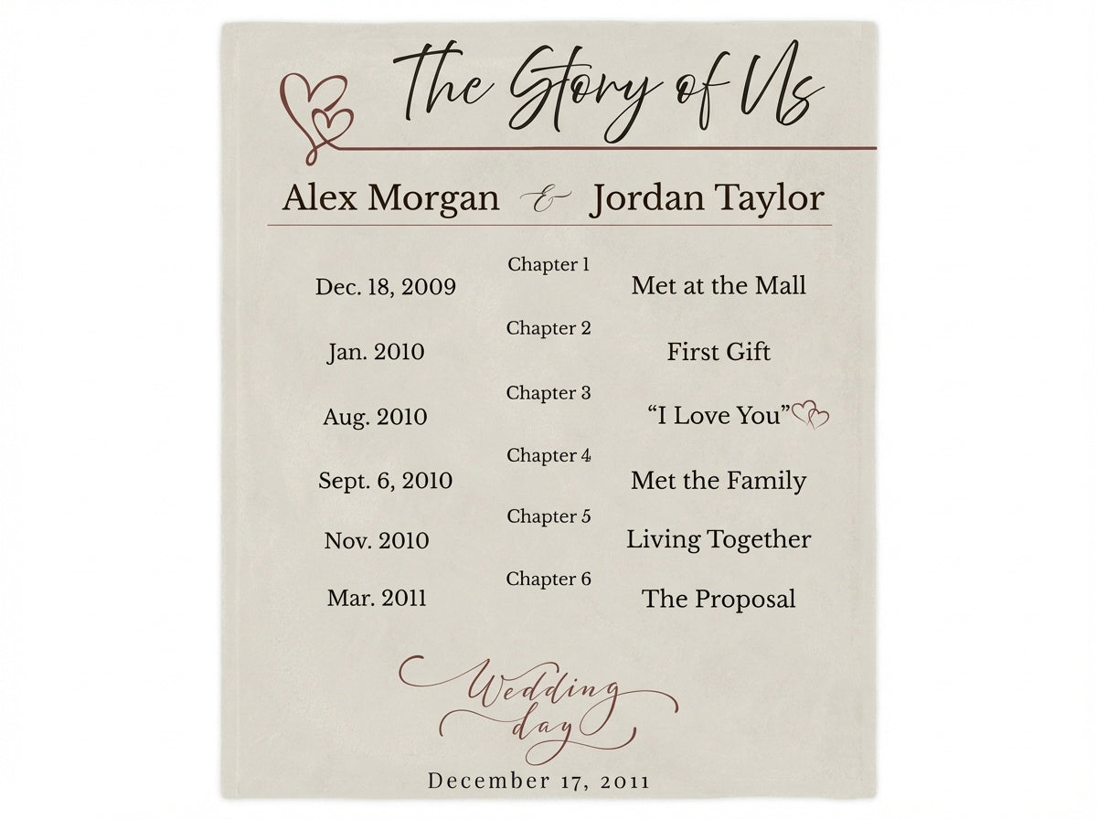 Personalized “The Story of Us” Blanket – Custom Couple Timeline Gift (50” x 60”)
