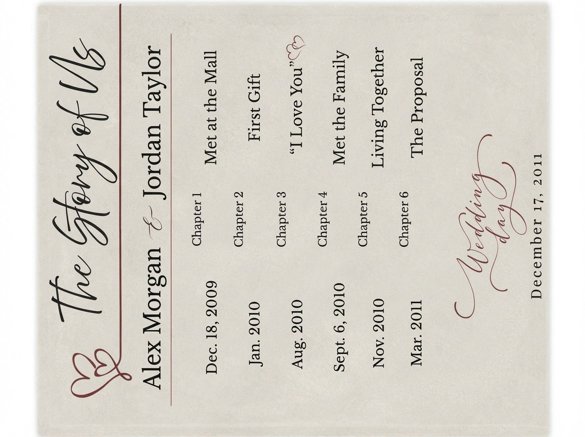 Personalized “The Story of Us” Blanket – Custom Couple Timeline Gift (50” x 60”)